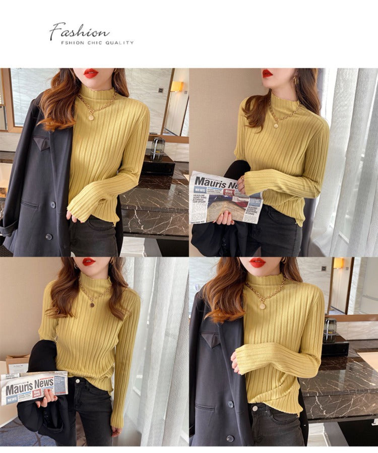 Autumn Winter Knitwear Tops Fashion Female Long Sleeve Skinny Elastic Casual Knitted Shirts Women Mock neck Pullover Sweaters