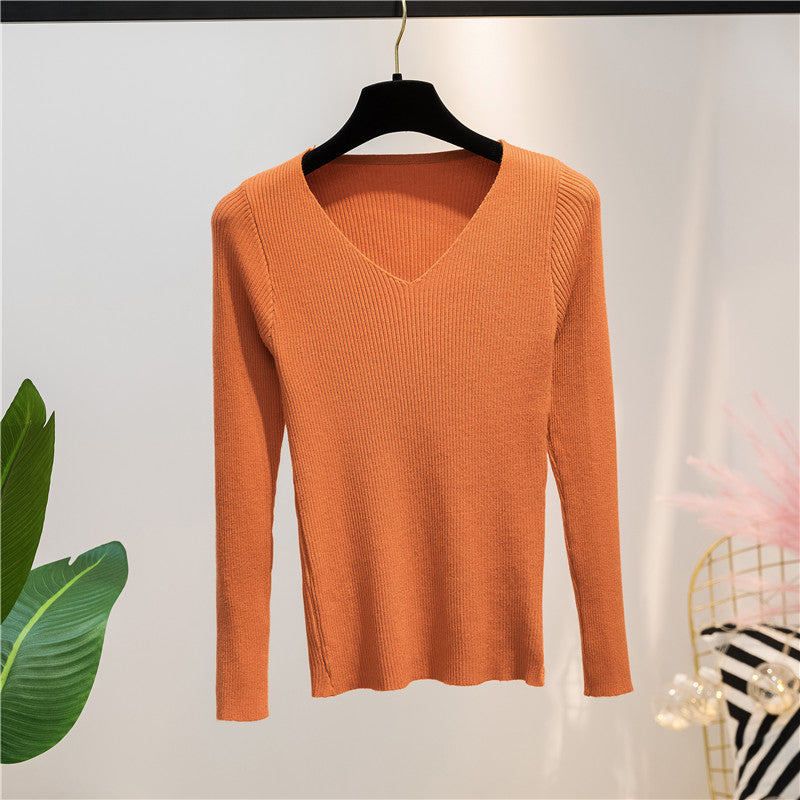 Women Knitted Shirts Fashion Female Autumn Winter Long Sleeve V-neck Skinny Elastic Casual Thin Sweater Pullover Tops Knitwear