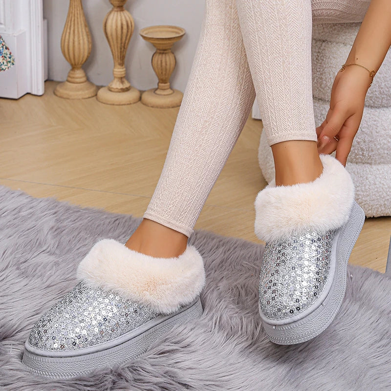 Shiny Silver Sequin Snow Boots Women 2024 Winter Warm Thicken Plush Platform Ankle Boots Woman Thick Bottom Cotton Padded Shoes