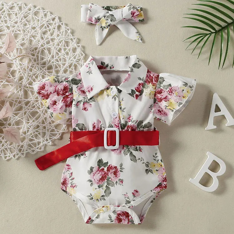 Fashion Floral Newborn Clothes Girl Bodysuits Summer Baby Girl Clothes Short Sleeve Baby Bodysuits+buckle + Head Scarf