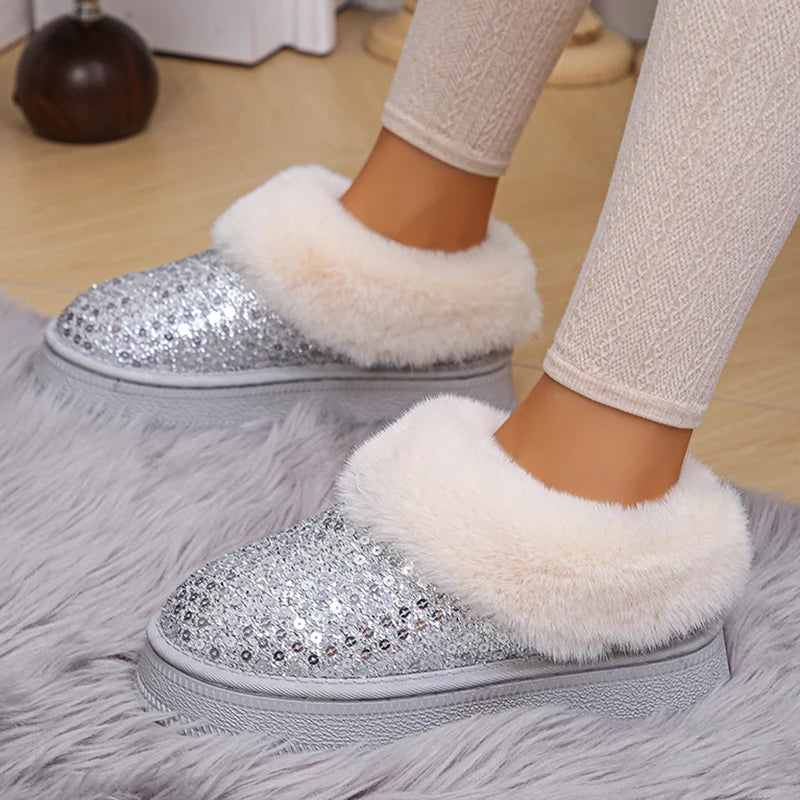 Shiny Silver Sequin Snow Boots Women 2024 Winter Warm Thicken Plush Platform Ankle Boots Woman Thick Bottom Cotton Padded Shoes