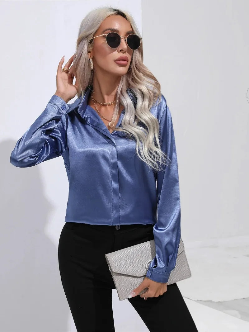 Women's Shirt with Single Breasted Long Sleeve Shirts Spring Summer Silk Shirt Office Lady Satin Turn-down Collar Casual Blouses