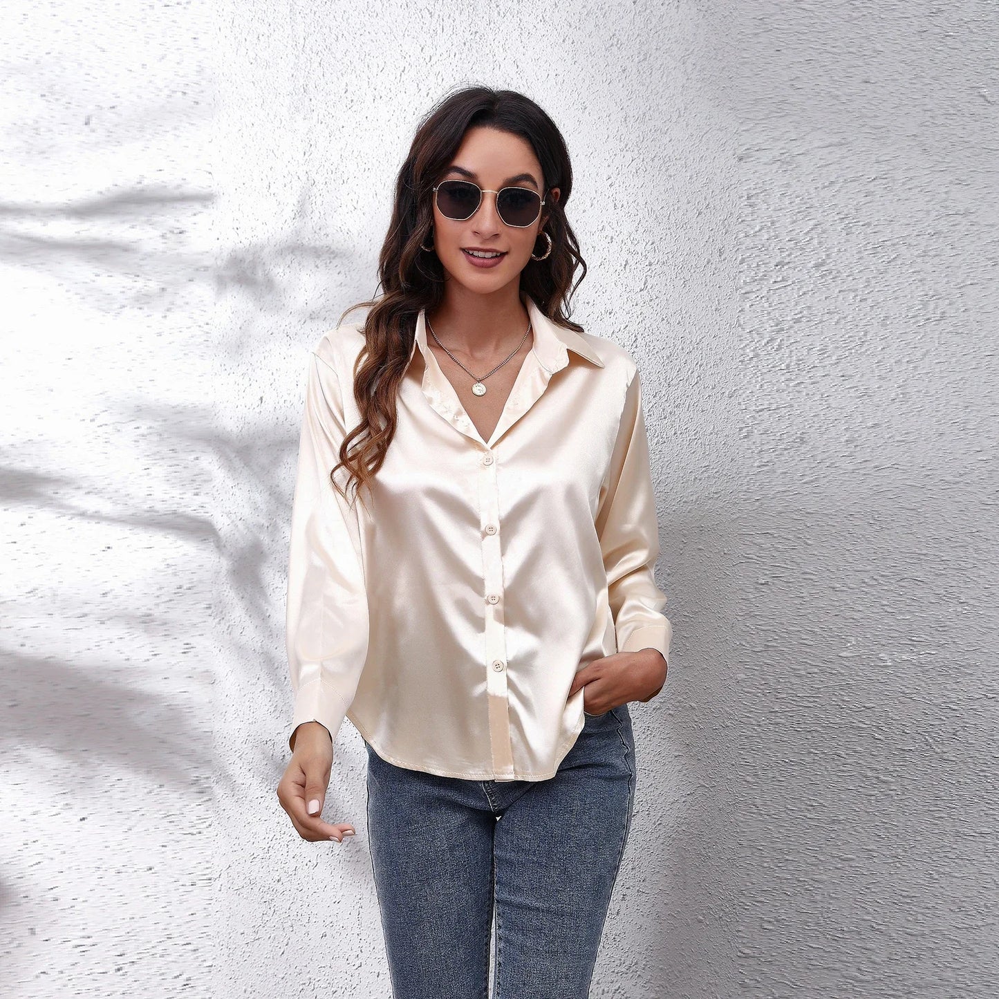 Spring Summer Long Sleeve Women's Silk Shirt Office Ladies Stain Blouses Solid Turn-down Collar Single Breasted Woman Shirts