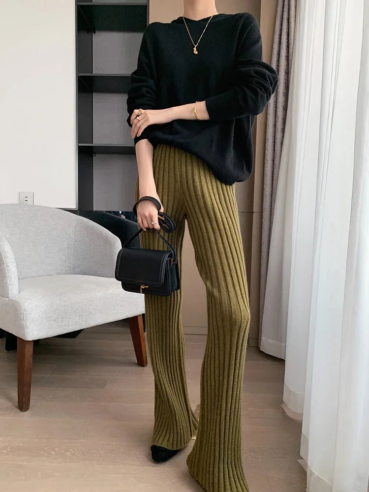 Autumn Winter Casual Thick Knitted Pant Women Long Trousers Elastic High Waist Kniting Wide Leg Pants Striped Pantalon