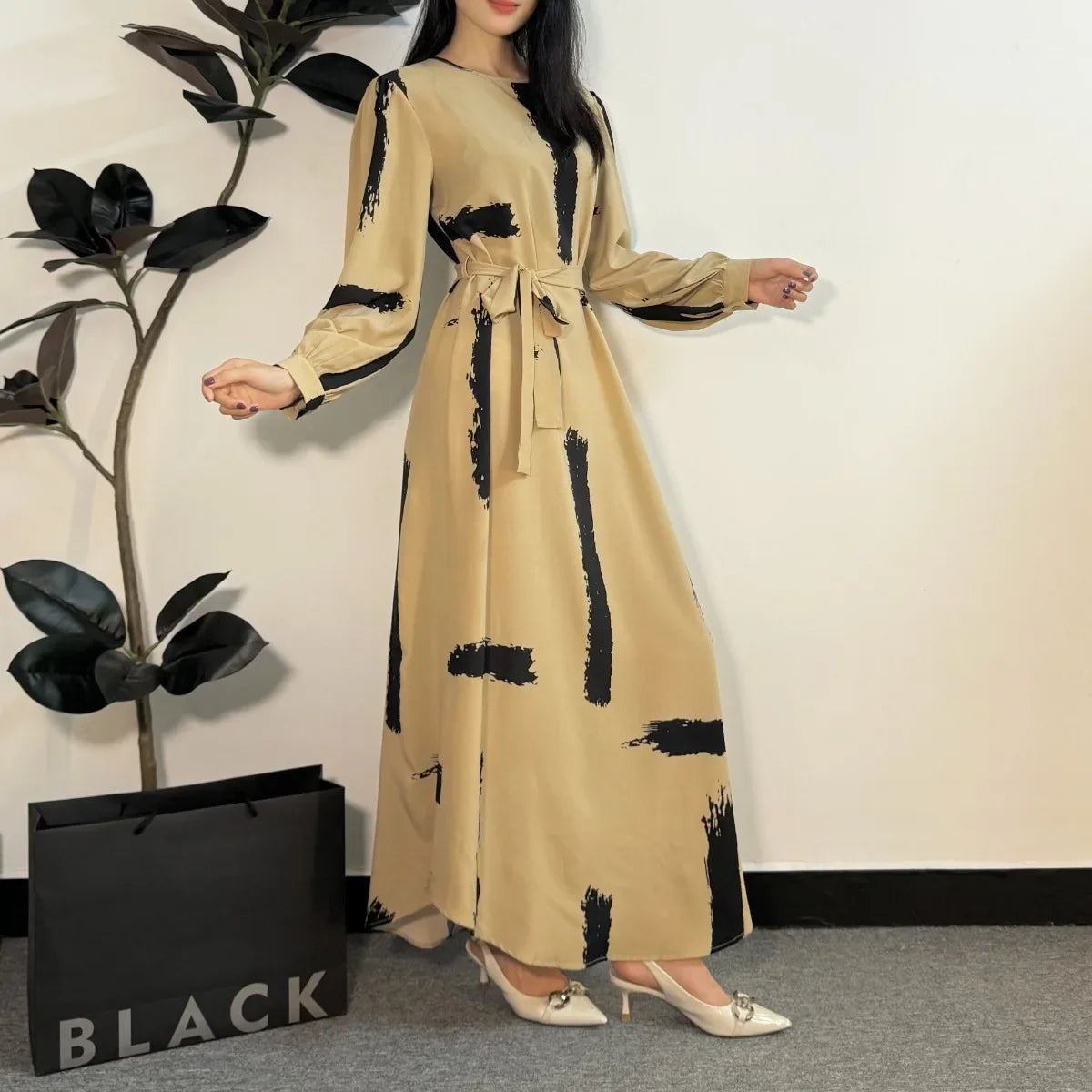 Muslim Dress Women Prayer Dresses Abayas Fashion Female O-neck Full Sleeve A-line Casual Long Ramadan Maxi Dresses With Belt