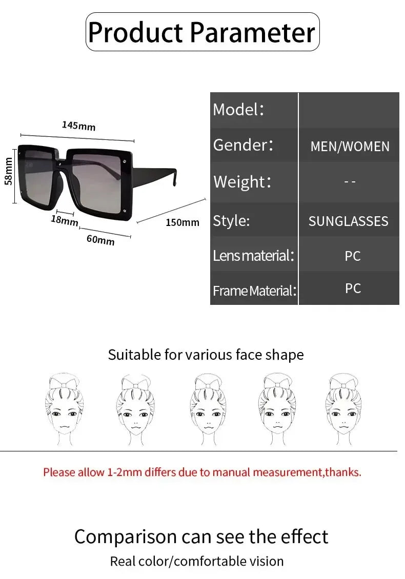 Square Oversized One-pieces Sunglasses Men Women Trendy Gradient Goggle Eyewear Fashion Luxury Brand Design Sun Glasses