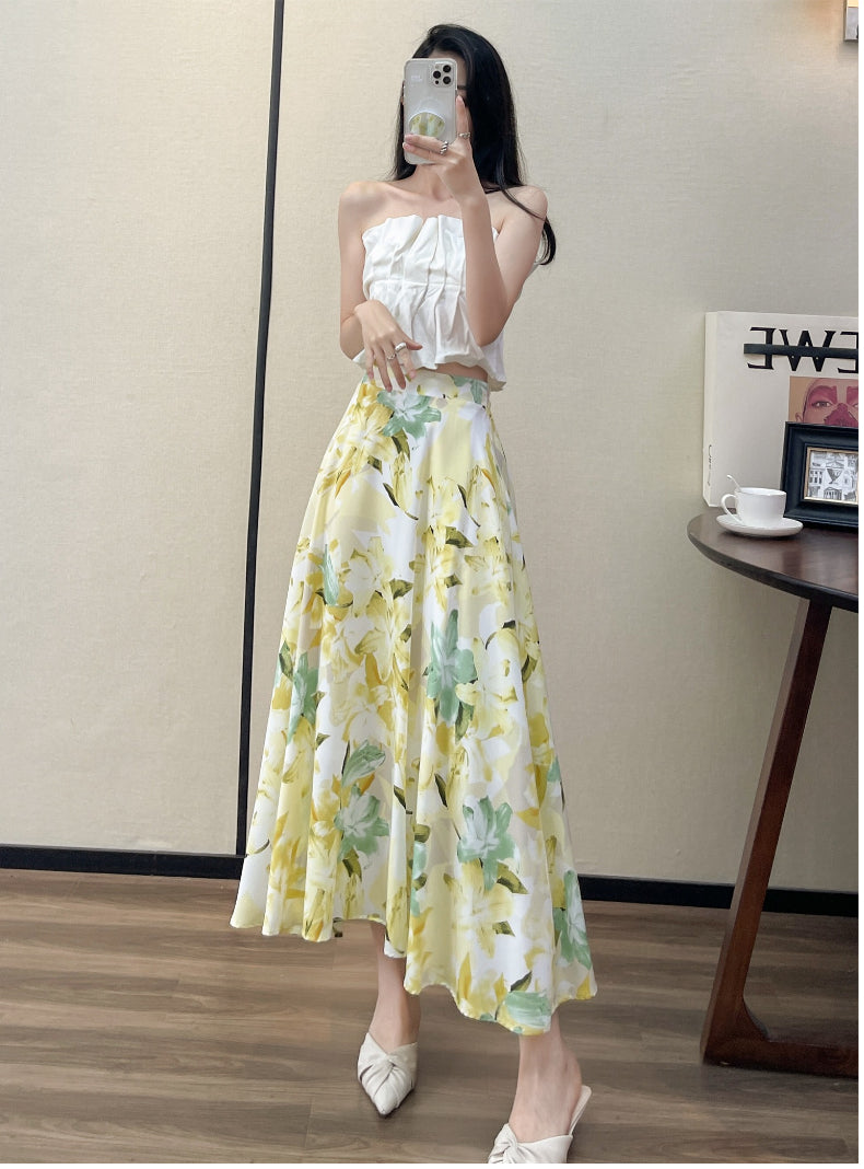 2022 Summer High Waist Women Skirts Casual Floral Printed Chiffon Woman Midi Skirts Bohemian Beach Holiday Long A-line Skirts