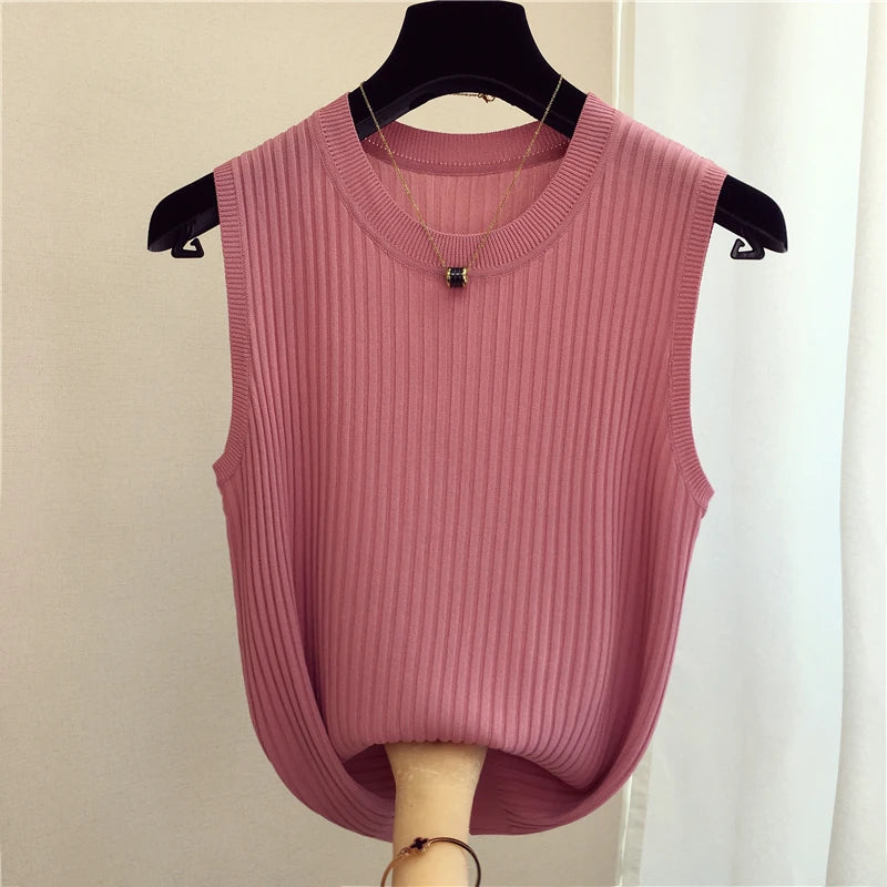 Summer Spring Tanks Top Women Sleeveless Knitted T-Shirts Female Elastic Slim Casual Vests Crop Tops Camis Pullover Shirts