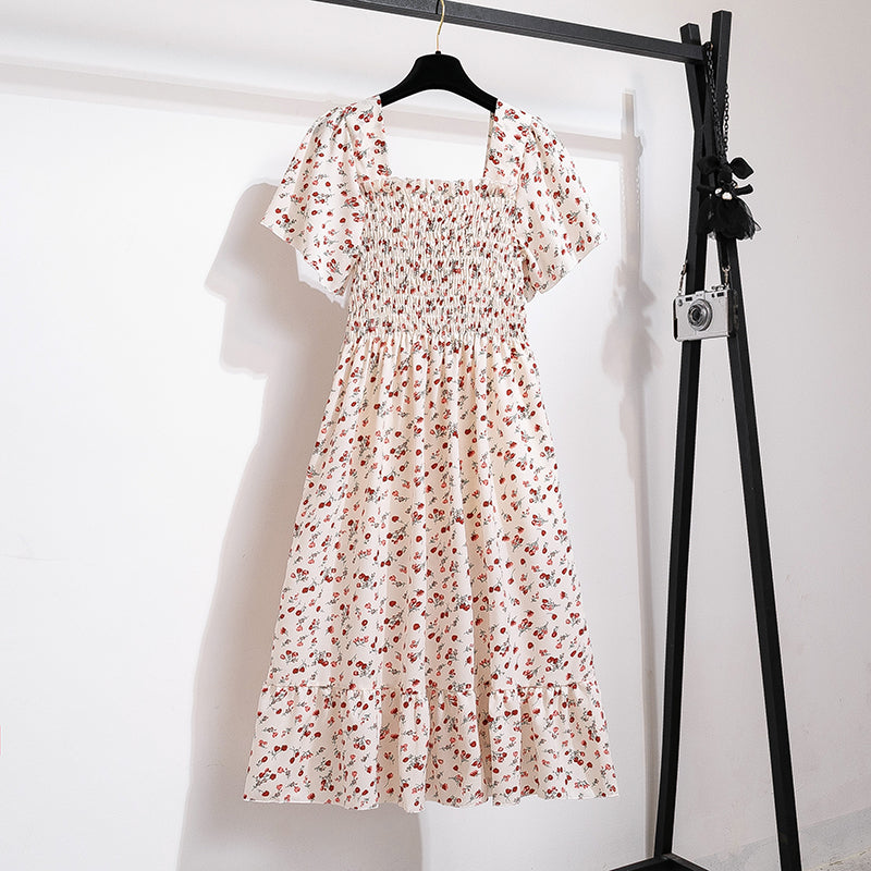 Spring Summer Chiffon Women Dresses Female Short Sleeve Elastic Waist Printed Floral Midi Dress Pleated Backless Casual Dress