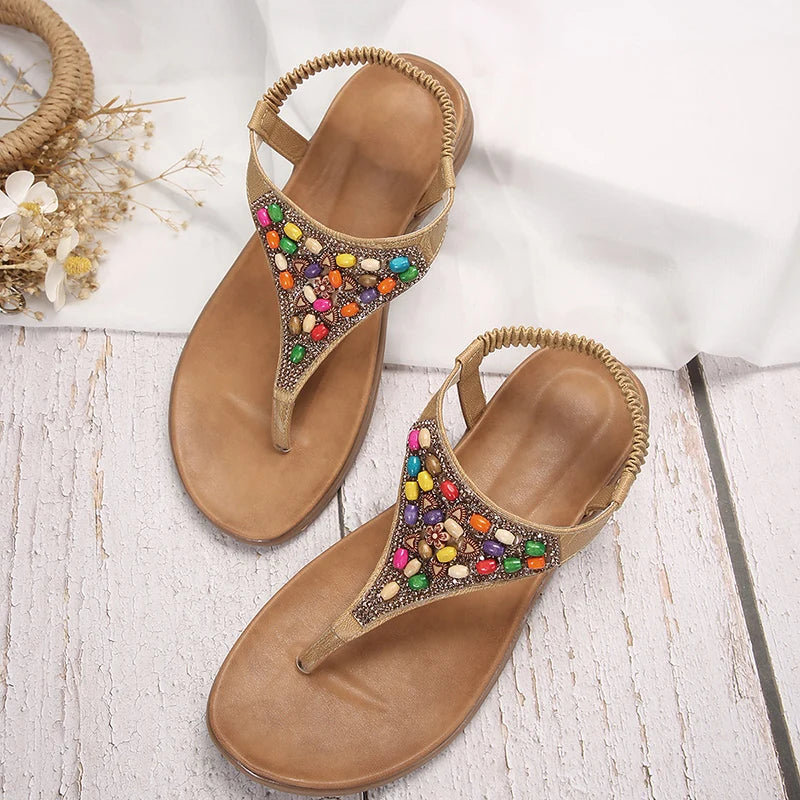 Retro Bohemian Flat Heels Sandals for Women 2024 summer Rhinestone Beads Clip Toe Sandals Woman Lightweight Beach Flip Flops