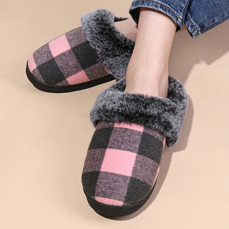 Plaid Thicken Plush Fur Slippers Women 2024 Winter Closed Toe Couple Home Slippers Woman Comfort Soft Sole House Shoes Slides