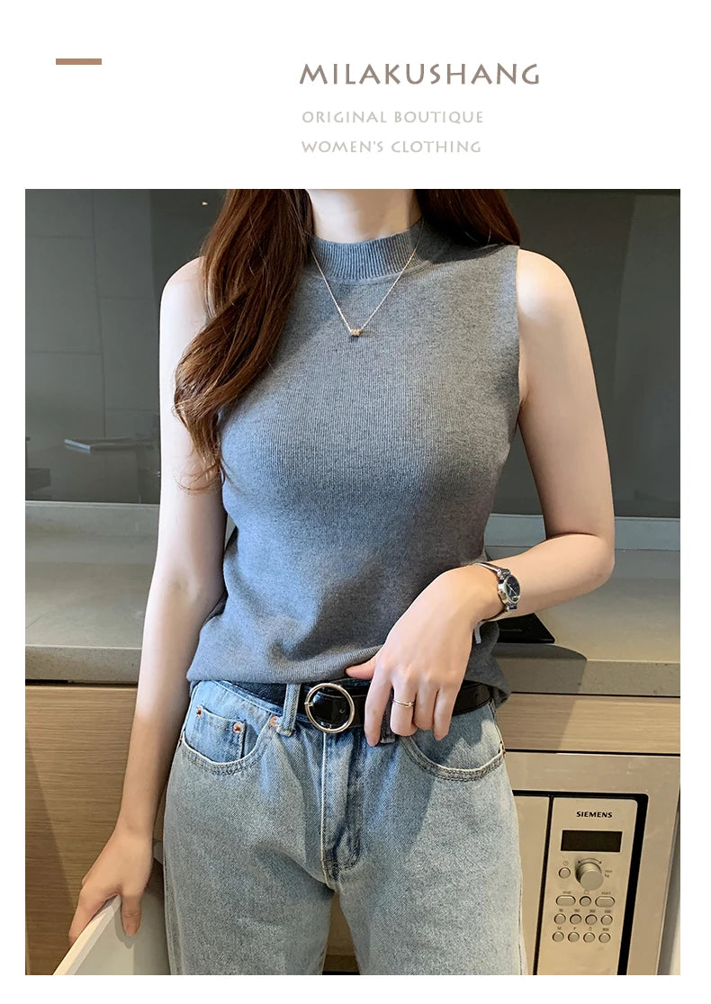 Women's T-Shirts Spring Summer Women Knitted Tank Sleeveless Shirts Tops Female High Elastic Slim Casual Knit T-Shirts Crop Tops