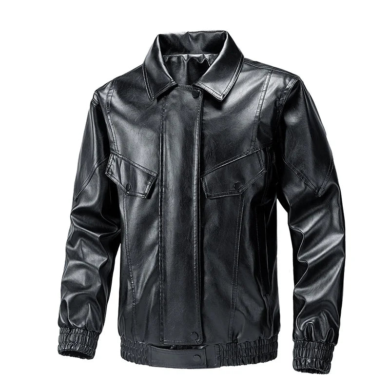 Autumn Men Motorcycle Biker Lapel Leather Jacket Men Vintage Outwear Leather Jacket Man Casual Bomber Leather Jacket Windbreaker