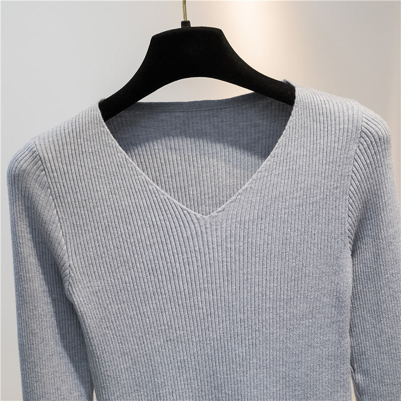 Women Knitted Shirts Fashion Female Autumn Winter Long Sleeve V-neck Skinny Elastic Casual Thin Sweater Pullover Tops Knitwear