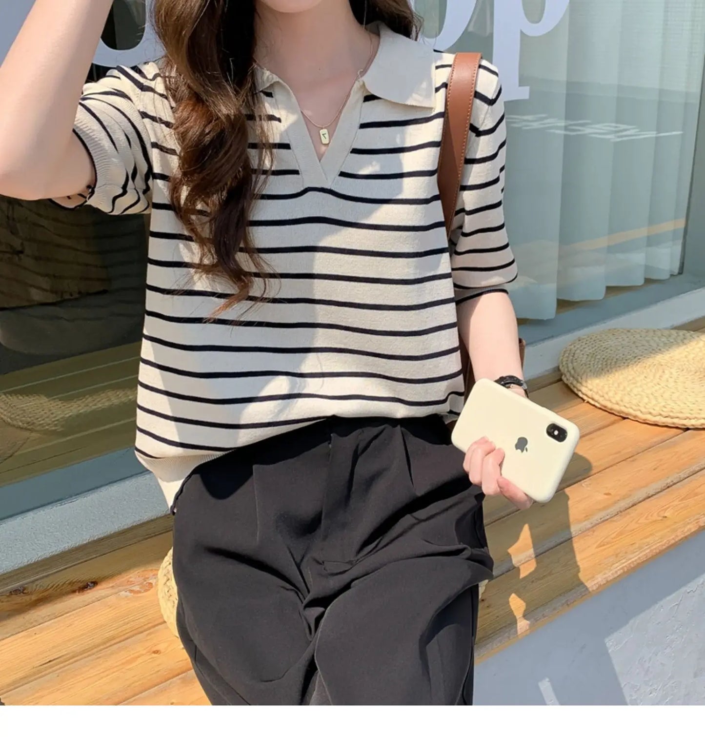 Summer Striped T-Shirt Women Knitted Shirts Pullover Tops Short Sleeve Crop Tops Female Elastic Casual Knit Tee Women's T-Shirts