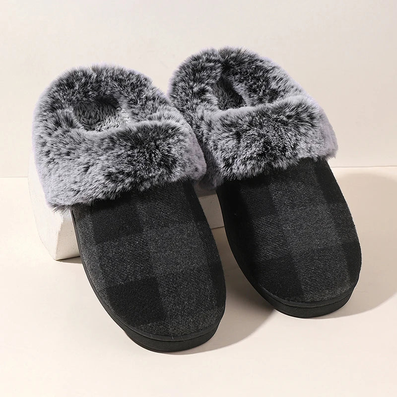 Plaid Thicken Plush Fur Slippers Women 2024 Winter Closed Toe Couple Home Slippers Woman Comfort Soft Sole House Shoes Slides