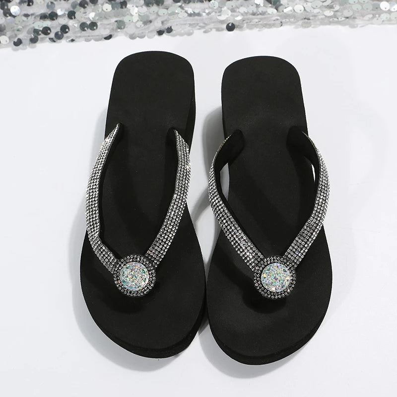 Clip Toe Wedge Heels Slippers Women 2024 Summer Shiny Crystal Platform Sandals Woman Plus Size 42 Light Outdoor Flip-Flops Slide