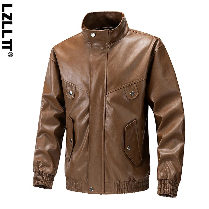 Autumn Men Motorcycle Biker Lapel Leather Jacket Men Vintage Outwear Leather Jacket Man Casual Bomber Leather Jacket Windbreaker