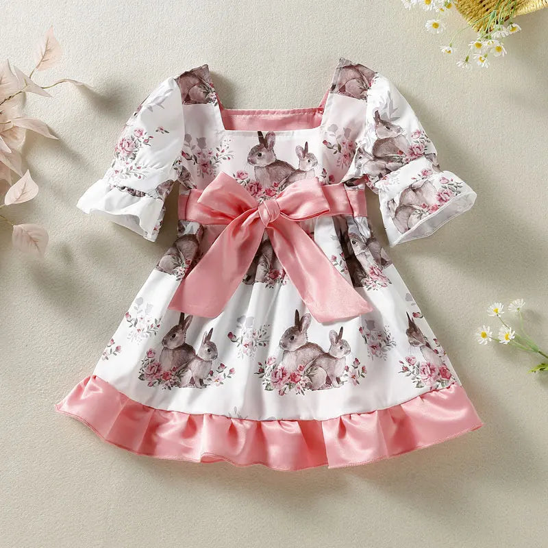 Cartoon Rabbit Kids Dresses for Girls Summer Children Girl Dress Cotton Short Sleeve Girls Casual Dresses 1-3 Years