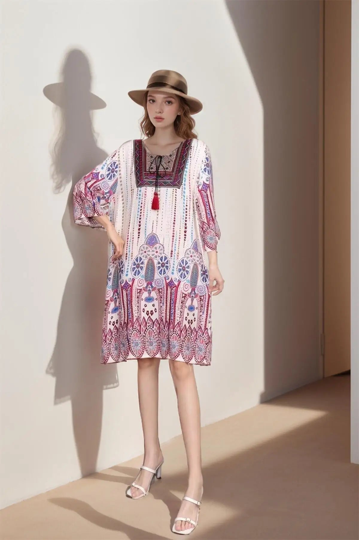 Print Floral Short Sleeve Loose Mini Dress Women Dresses Summer Spring Fashion Vintage Tassel Poplin Bohemian Beach Dresses