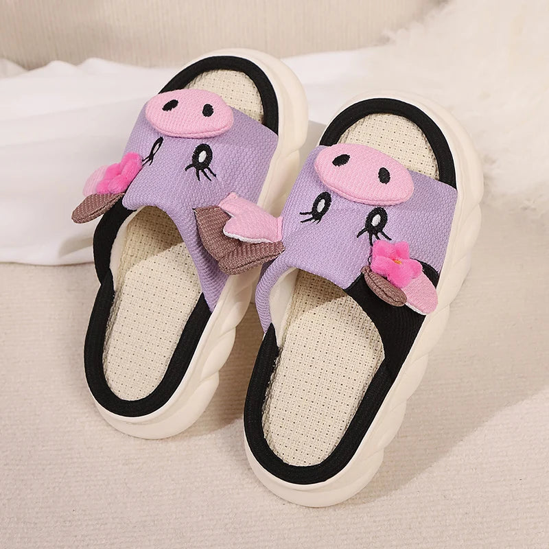 Cute Cow Thick Bottom Linen Slippers Women 2024 Winter Comfort Home Cotton Slippers Woman Flat Heels Non Slip Indoor Shoes Slide