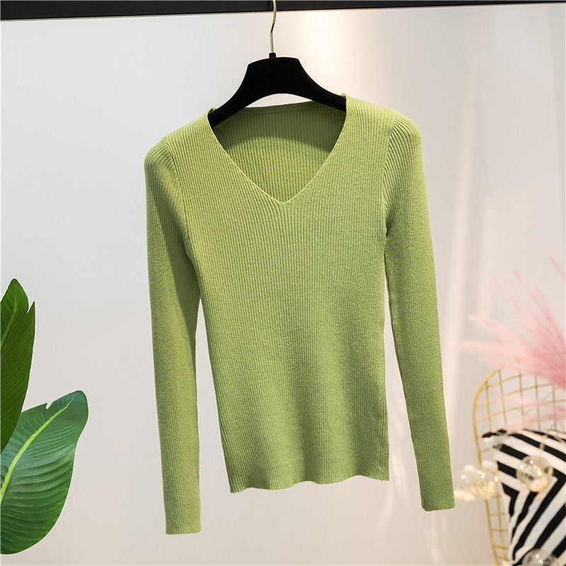 Women Knitted Shirts Fashion Female Autumn Winter Long Sleeve V-neck Skinny Elastic Casual Thin Sweater Pullover Tops Knitwear