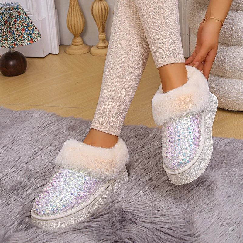 Shiny Silver Sequin Snow Boots Women 2024 Winter Warm Thicken Plush Platform Ankle Boots Woman Thick Bottom Cotton Padded Shoes