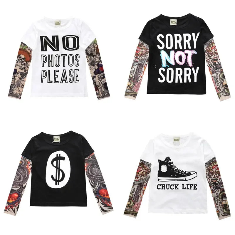 Novelty Tattoo Kids Clothes Boys Tees Cotton Long Sleeve Children's Clothing Girls T-Shirts Spring & Autumn Boy Tops 2-7 Years