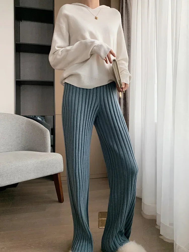 Autumn Winter Thick Knitted Pant Women Wide Leng Pants Fashion Straight Trousers Elastic Casual Knit Pants Striped Pantalon