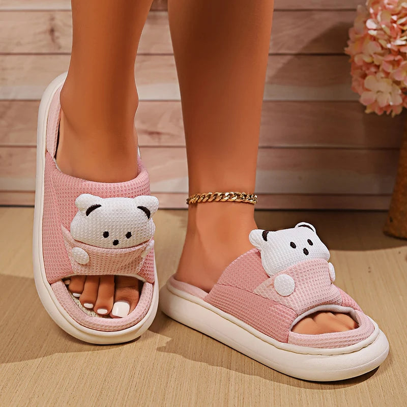 Cute Cartoon Bear Home Slippers Women 2024 Winter Comfort Soft Sole Linen Slippers Woman Non Slip Flat Heels House Shoes Slides