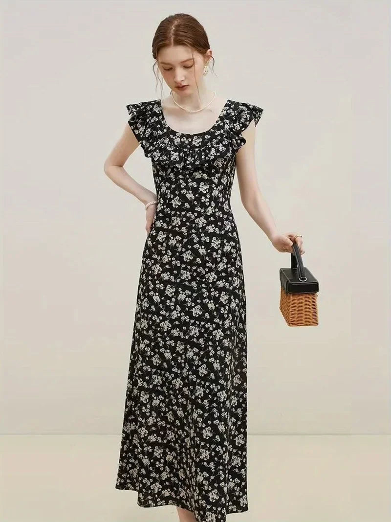 Spring Summer Chiffon Dress Women Sleeveless Dresses Vestidos Vintage Printed Floral A-line Midi Casual Dress with Side Zippers