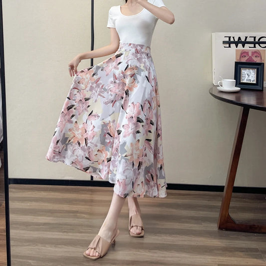 2022 Summer High Waist Women Skirts Casual Floral Printed Chiffon Woman Midi Skirts Bohemian Beach Holiday Long A-line Skirts