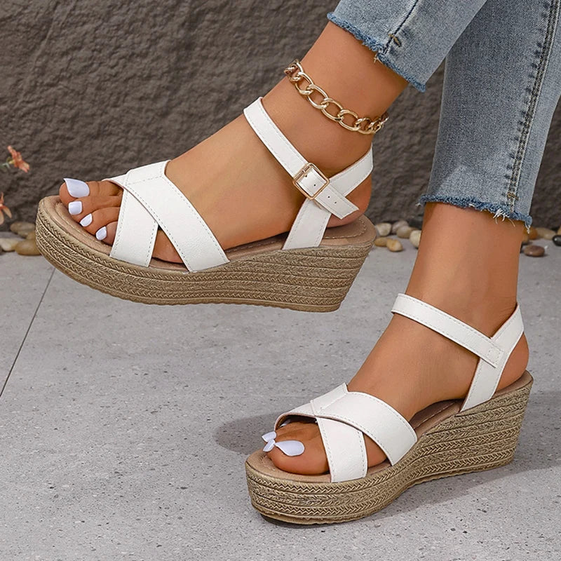 Retro Thick Bottom Platform Sandals Women 2024 Summer Pu Leather Wedges Sandals Woman Lightweight High Heeled Beach Shoes Mujer