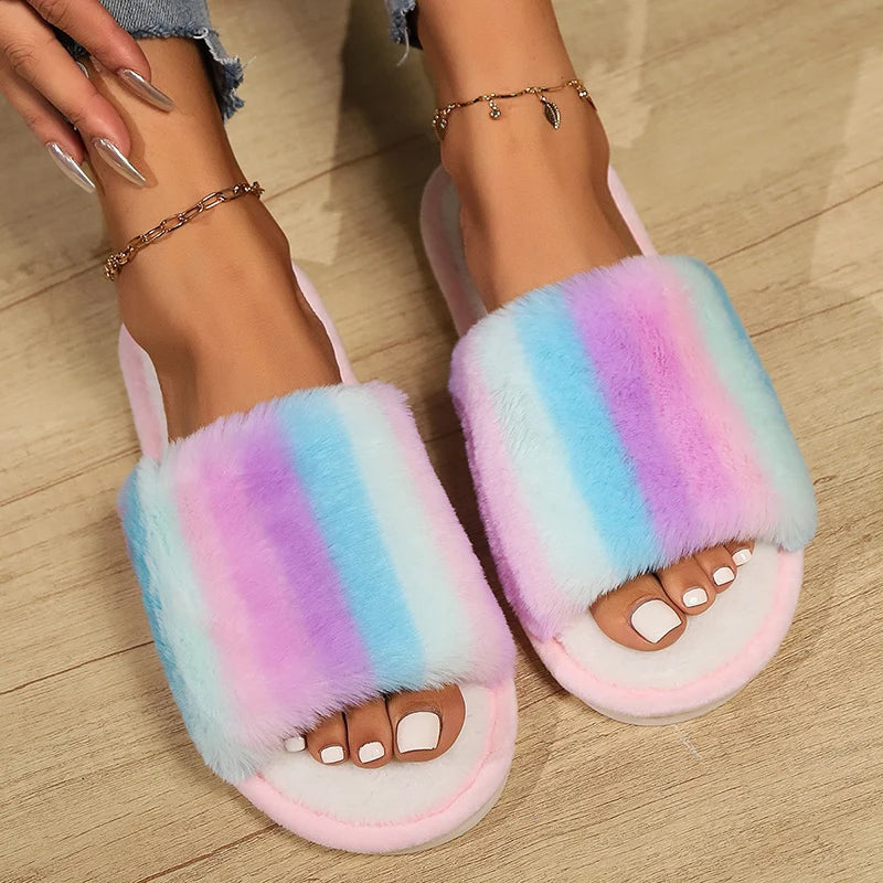 Colorful Fluffy Fur Slippers Women 2024 Winter Warm Flat Heels Home Cotton Slippers Woman Non Slip Indoor House Shoes Slides