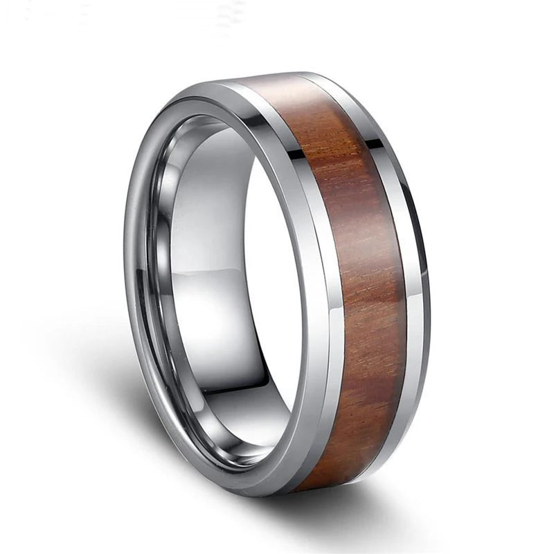 8mm Stainless Steel Ring Real Brown Koa Wood Inlaid High Polished Sieve Wedding Ring Men Women