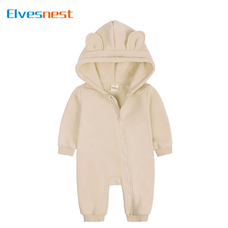 Cartoon Baby Clothes Boys Rompers Long Sleeve Solid Hooded Zipper Baby Girl Romper Winter Warm Newborn Clothing 3-24 Months