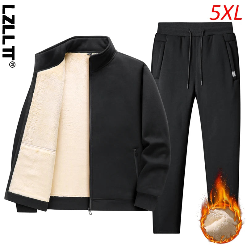 Winter Men Casual Fleece Sport 2 Pieces Tracksuits Suits Men Thick Sportswear Outdoor Sets Male Jogger Classic Stand Collar Suit