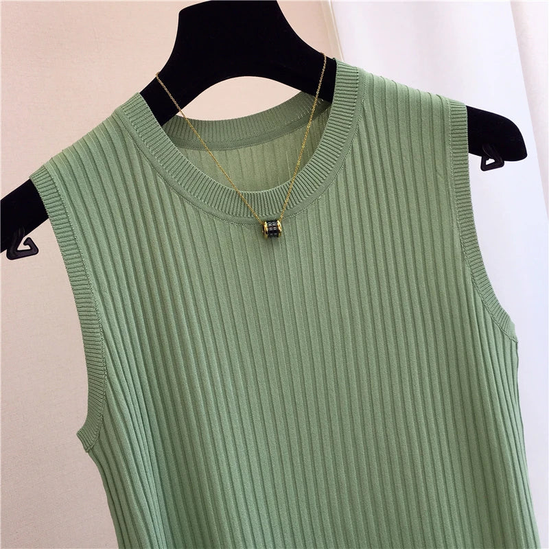 Summer Spring Tanks Top Women Sleeveless Knitted T-Shirts Female Elastic Slim Casual Vests Crop Tops Camis Pullover Shirts