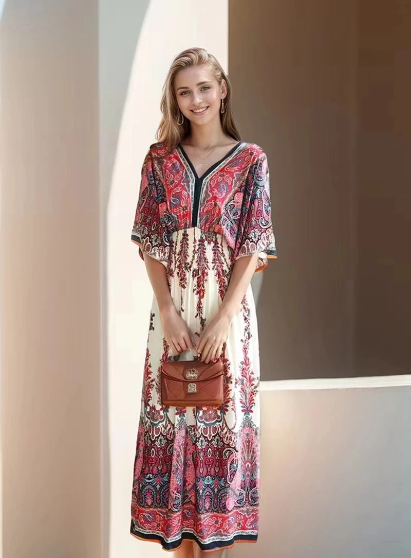 Short Sleeve Maxi Dress Women Dresses Summer Spring Fashion Female Vestido Vintage V-neck Print Floral Poplin Boho Beach Dresses