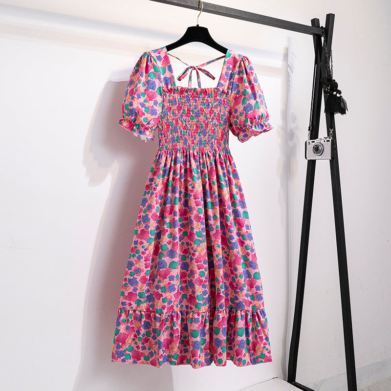 2023 Spring Summer Short Sleeve Casual Dresses Female Elastic Waist Pleated Backless Chiffon Dress Women Midi Dresses Vestidos