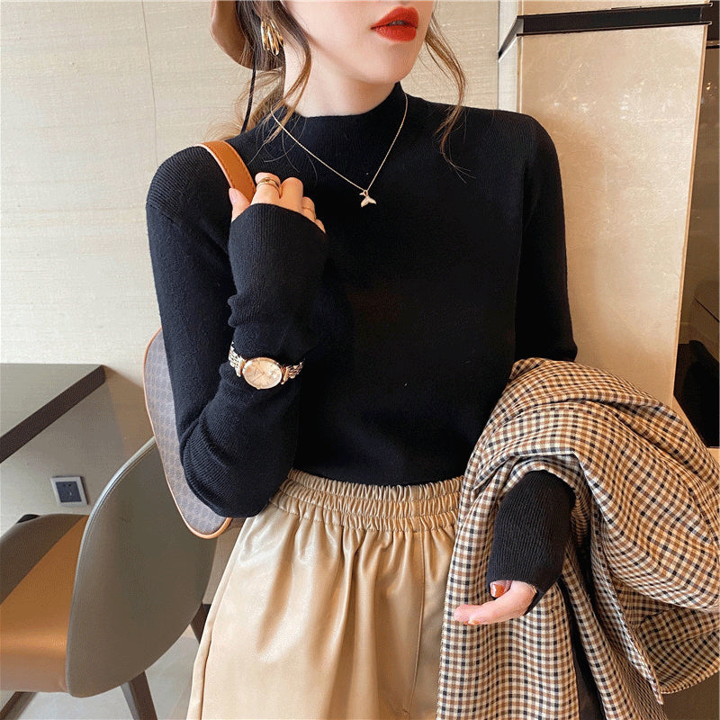 Autumn Winter Women Mock neck Sweaters Pullover Tops Knitwear Fashion Female Long Sleeve Skinny Elastic Casual Knitted Shirts