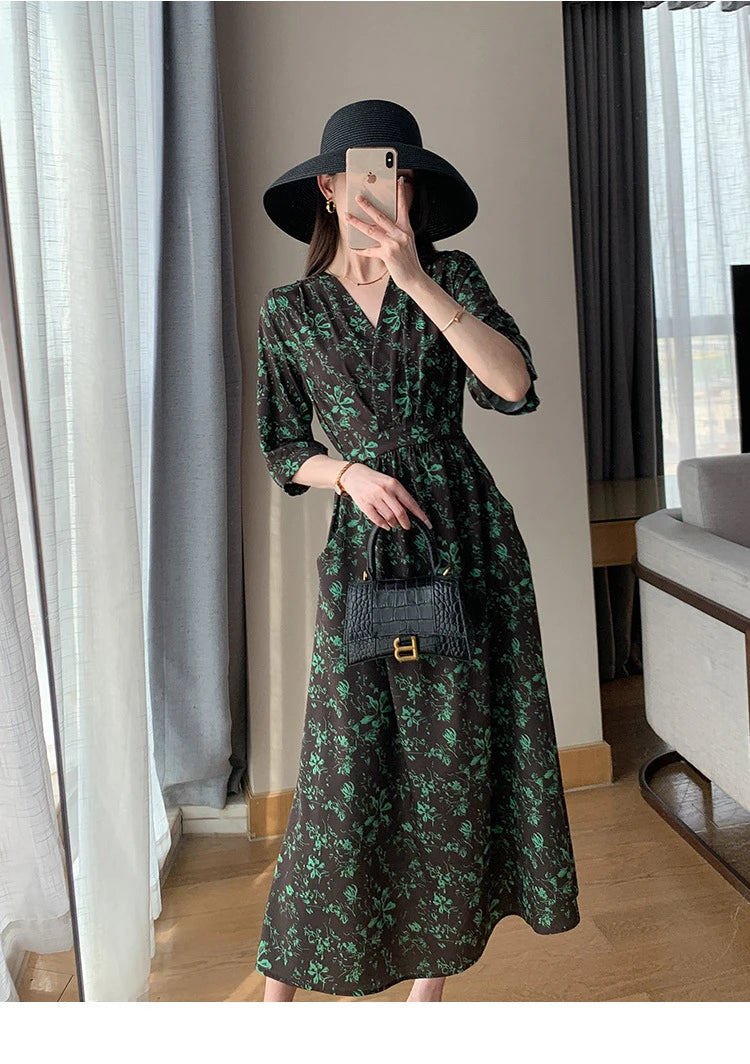 Spring Summer Printed Floral Dress Women Casual Dresses Fashion Female Vestidos Short Sleeve Vintage V-neck A-line Dresses