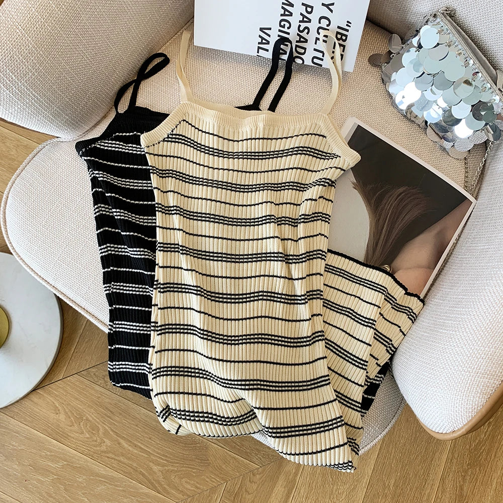 Summer Autumn Sleeveless Knit Dress Women camisole Dresses Fashion Female Striped Elastic Skinny Knitted Package Hip Mini Dress