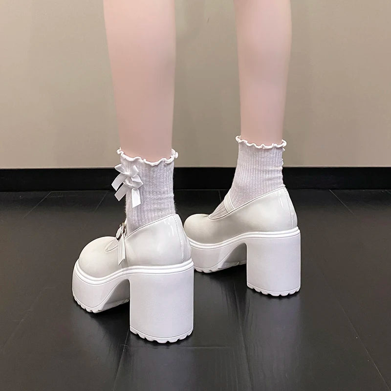 Chunky Platform High Heels Pumps Women 2023 Autumn Pu Leather Ankle Buckle Mary Jane Shoes Woman Thick Heeled White Lolita Shoes