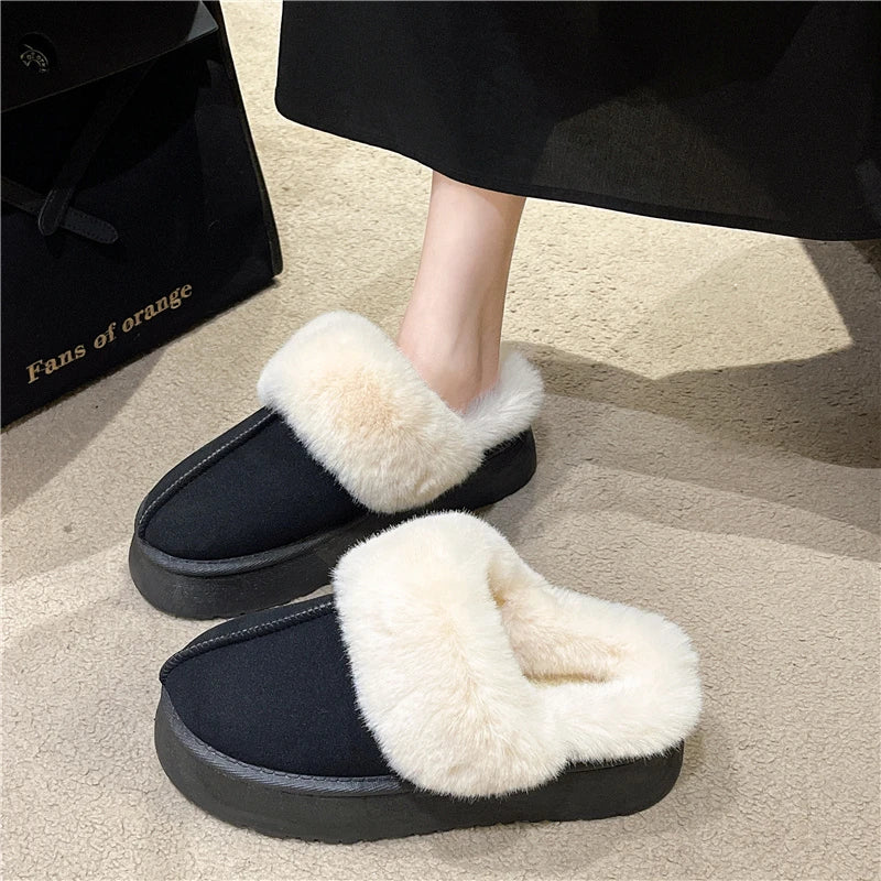 Women's new fur slippers for outdoor wear, 2024 winter short tube snow boots, thick soled warm cotton slippers