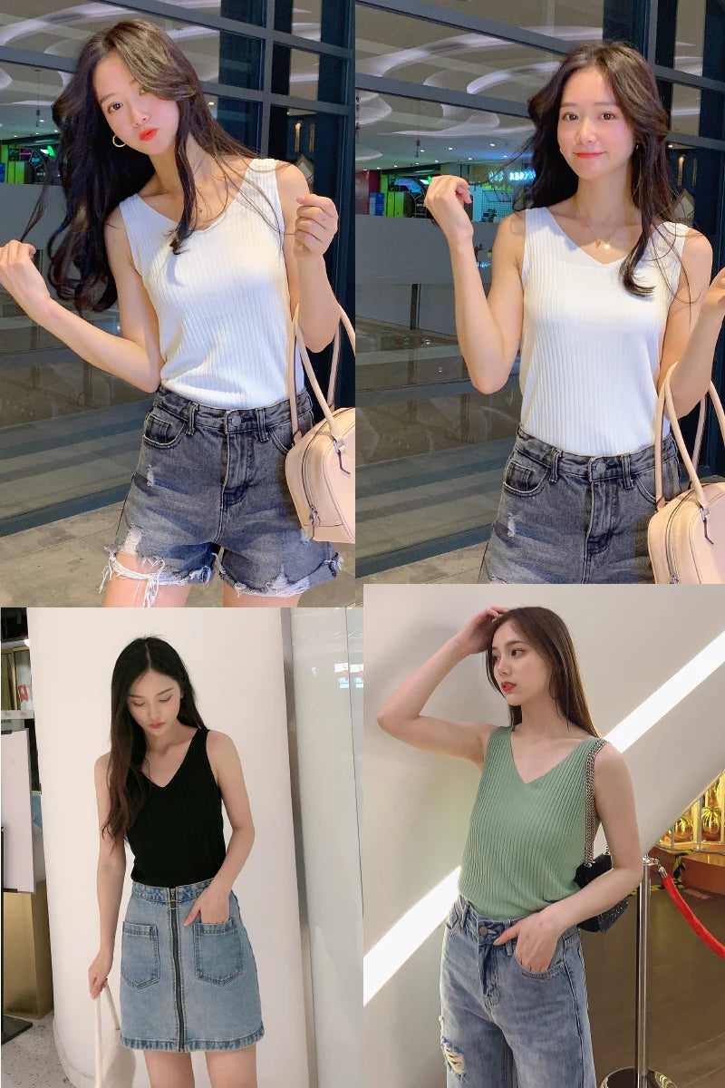 Summer Spring Tanks Top Women Sleeveless Knitted T-Shirts Female Elastic Slim Casual Vests Crop Tops Camis Pullover Shirts