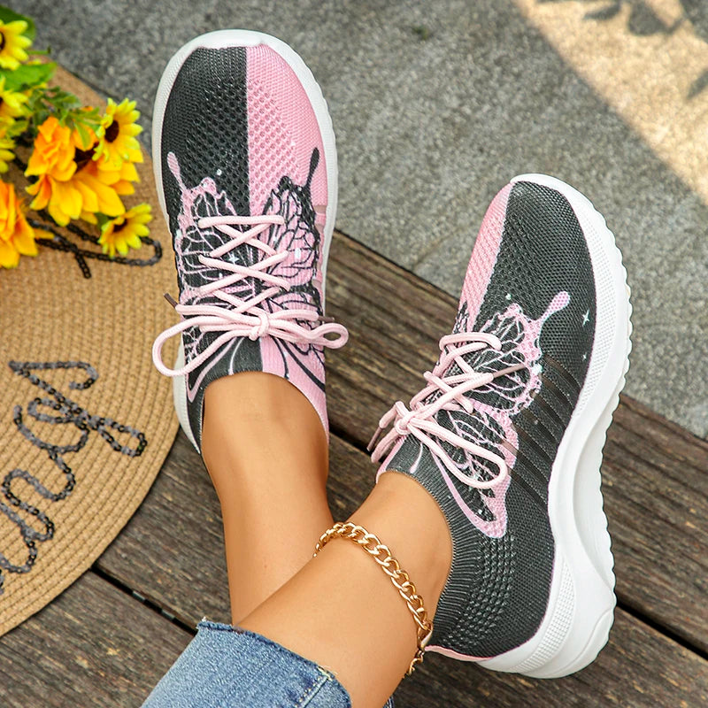 Butterfly Printed Knitted Sneakers Women Lightweight Anti-Slip Breathable Casual Shoes Woman 2024 Fashion Lace Up Tennis Shoes