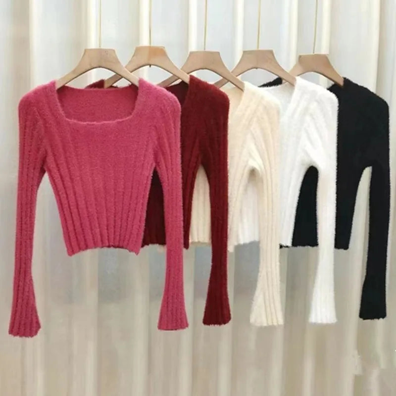 Autumn Winter Knitting Crop Tops Women Skinny Sweaters Bottom Shirts Fashion Female Long Sleeve Pullover Casual Knitted Sweater