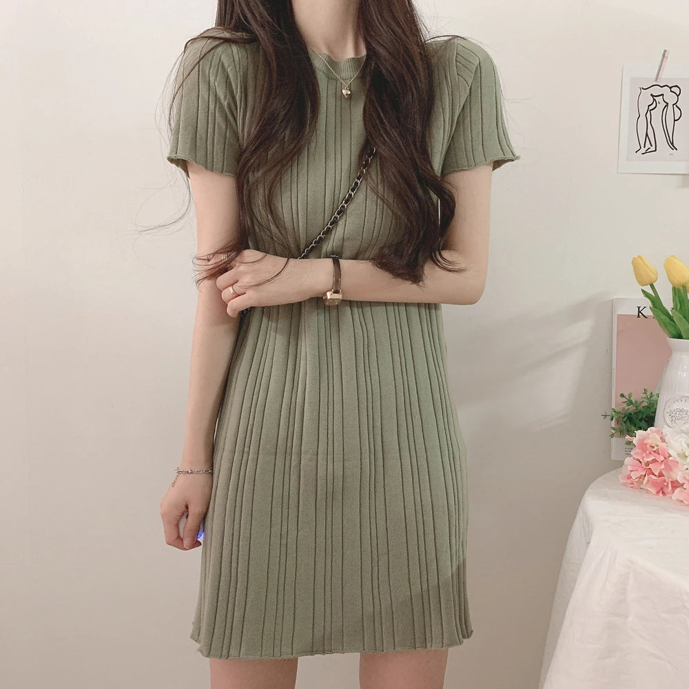 Short Sleeve Casual Knit Dress Women Mini Dresses Summer Autumn Fashion Female Elastic Skinny Package Hip Knitted Pencil Dresses