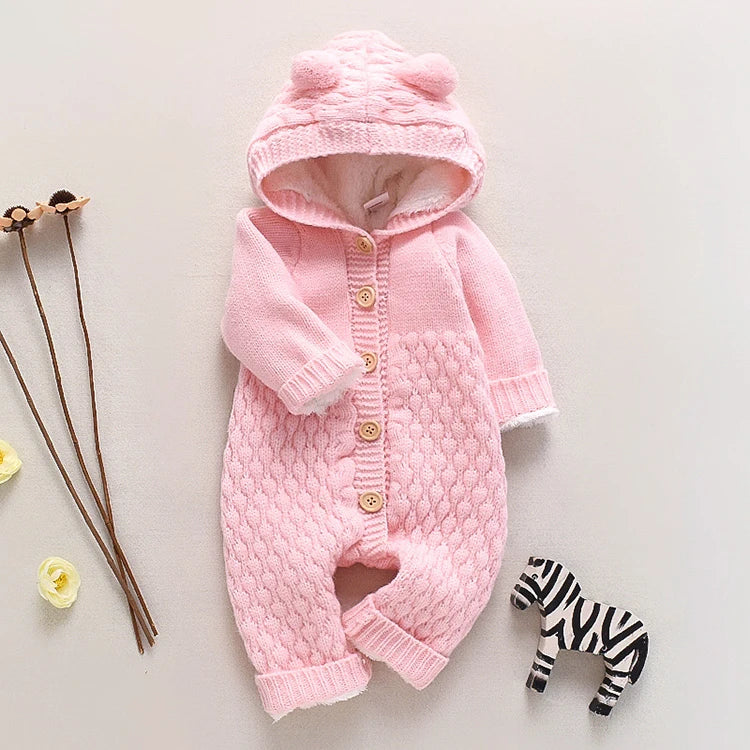 Long Sleeve Hooded Newborn Baby Clothes Knitted Romper Fashoin Solid Color Baby Girl Clothes Winter Warm Infant Clothing